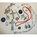 Good collection of antique jewellery, an engraved sea bean mourning pendant, silver crucifixes,