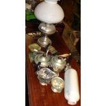 Oil lamp (converted) and silver plated items, etc.