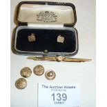 Various 9ct gold studs and tie pin - most pieces marked as 9ct - and old jeweller's case, gold