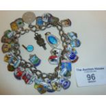 Silver charm bracelet, with many enamel charms and some others loose