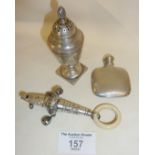 Chester hallmarked baby's rattle with teething ring and integral whistle (one bell missing). Adams