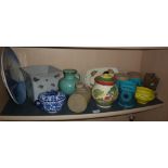 Shelf of assorted ceramics including Portmeirion 'Sailing Ships' storage jars