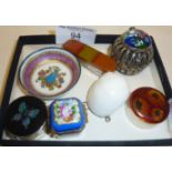 Six small pill or trinket boxes, some silver and one with catalin lid, Austrian miniature enamel