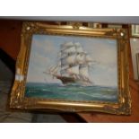 Oil on canvas of a sailing ship by Ambrose 15" x 19", gilt frame