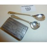 Two silver salt spoons, hallmarked Birmingham, 1893 and London 1923 along with a silver matchbox