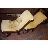 Pair of scrolled mahogany nursing chairs upholstered in gold velvet cord (one with broken