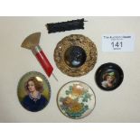 Antique and other brooches, inc. Satsuma (restored), painted miniature of lady on mother-of-pearl (