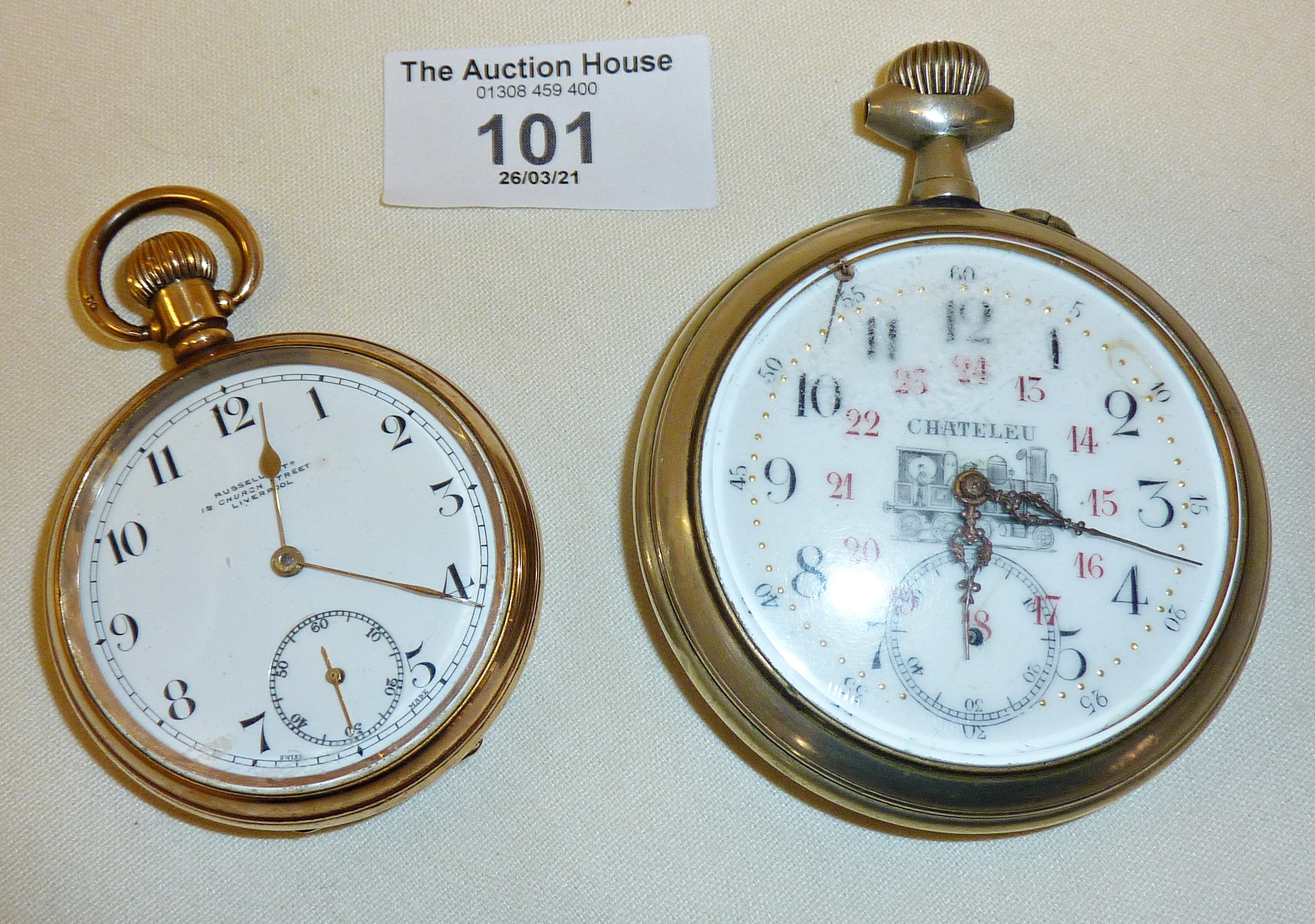 Large Victorian Chateleu pocket watch with enamelled depiction of train to front and another, gold