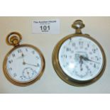 Large Victorian Chateleu pocket watch with enamelled depiction of train to front and another, gold