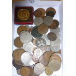 Assorted old coins, and tokens, inc. a Victorian Sainsbury's token, etc.