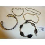 Five silver bracelets, one clasp deficient, approx. 89g