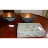 Japanese enamel decorated antimony cigarette box and two Oriental lacquer bowls, one with decoration