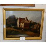 19th c. naive oil on panel of a farmhouse with figures, signed verso W.H.1871, 9" x 11.5"