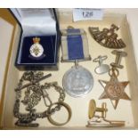 Medals and military badge etc., inc. Royal Navy Long Service and Good Conduct Medal awarded to M.