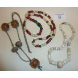 Two old Indian bead necklaces and an ottoman necklace with filigree white metal and rose quartz