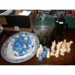 Vintage glass lemonade set, a resin Chinese figures chess set, meat platters and glassware