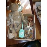 Old bandaged teddy bear, a similar rabbit and assorted small items, inc. pair of glass salts and