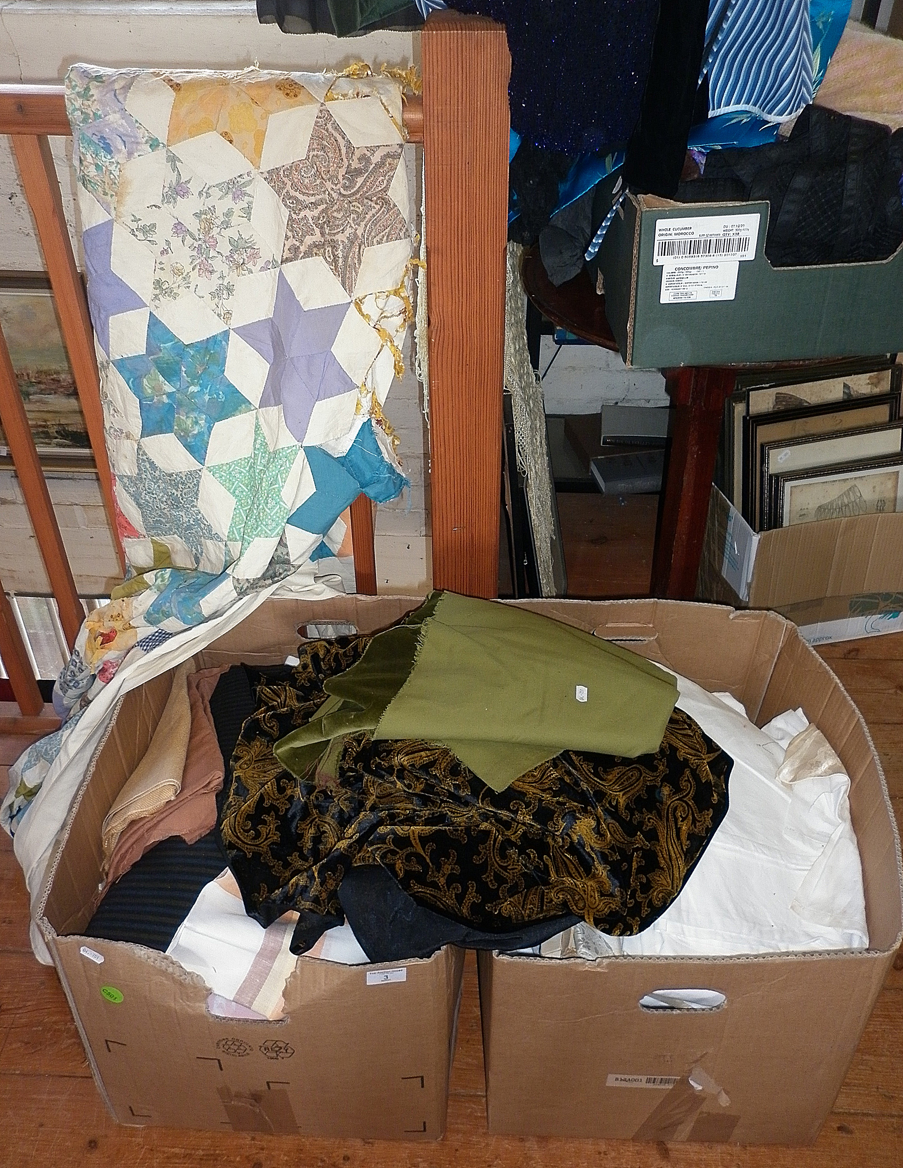 Patchwork quilt and two big boxes of textiles and linen