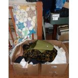 Patchwork quilt and two big boxes of textiles and linen