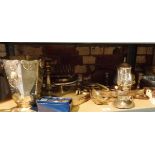 Shelf of assorted silver plate, inc. ice bucket, cigarette box, toast rack, tray, etc.