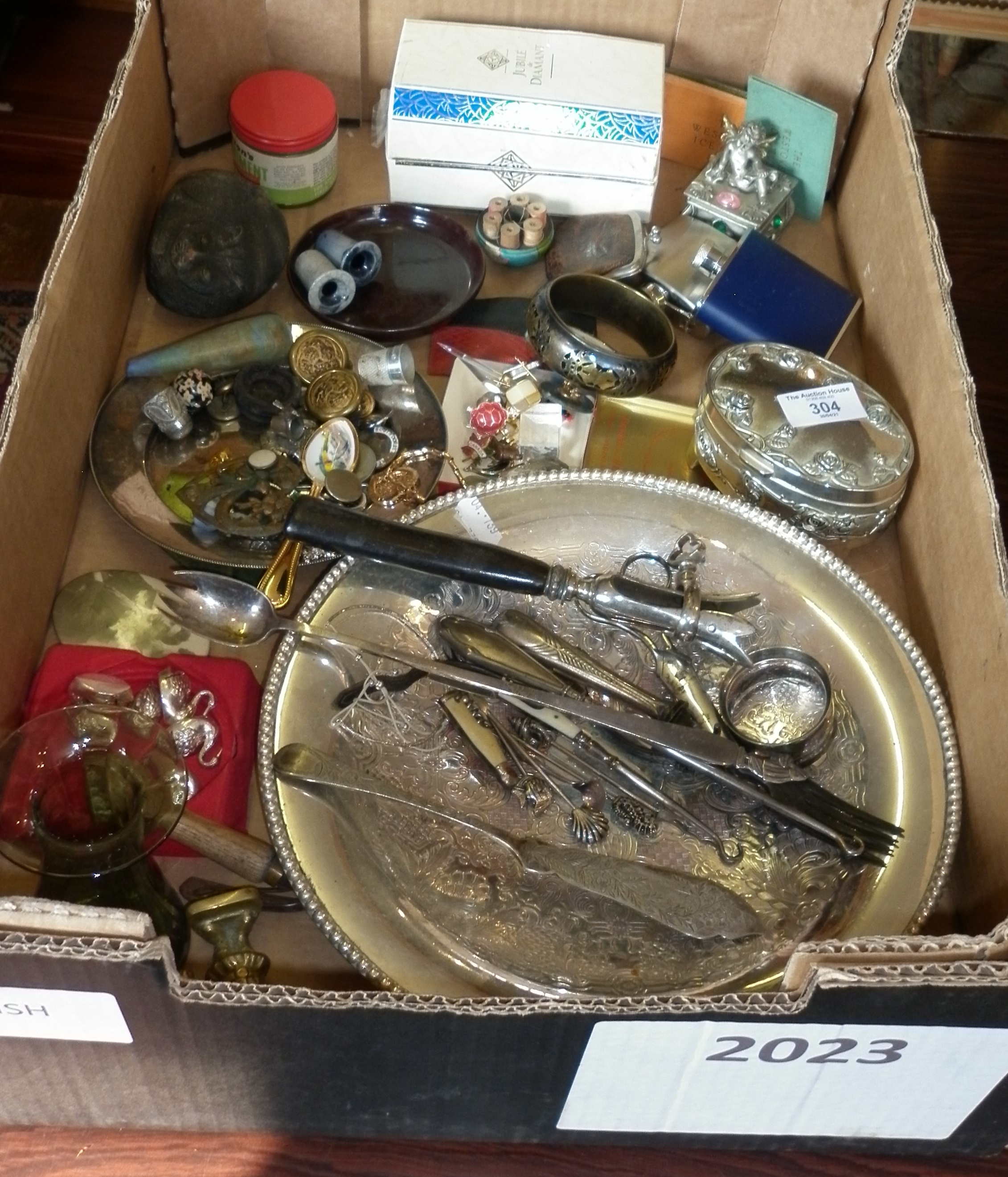 Box of miscellaneous items, inc. silver plated dishes, a Victorian ham bone holder, jewellery,
