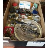Box of miscellaneous items, inc. silver plated dishes, a Victorian ham bone holder, jewellery,