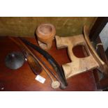 Tribal Art: African chief's stool headrest, two carved and decorated antelope horn scoops, two