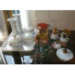 1930's pearlware china dressing table set, four Italian glass tea cups and six china perfume