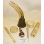 19th c. Chinese Cantonese carved items, inc. a cheroot holder (A/F), tribal animal skin rattle,