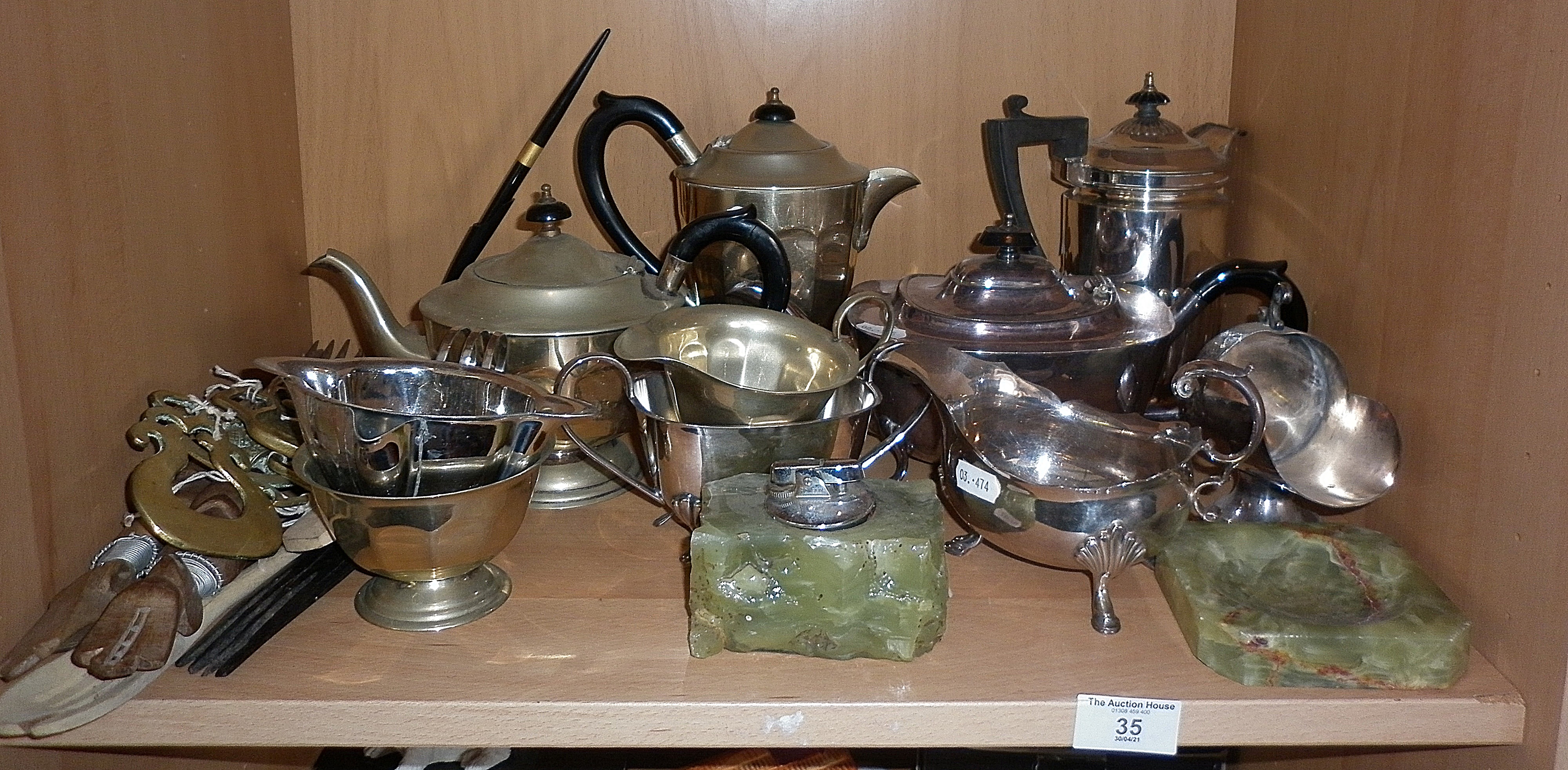 Two silver plated tea sets, etc.