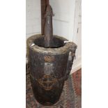 Tribal Art: African wooden pestle and mortar decorated with brass studs and leather tassles
