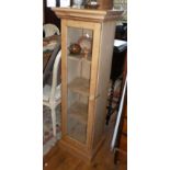 Tall narrow stripped pine display cabinet with three shelves, 15" wide x 4ft tall