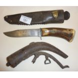 Antler handled hunting knife with leather sheath (brass bald eagle badge to sheath). Blade marked
