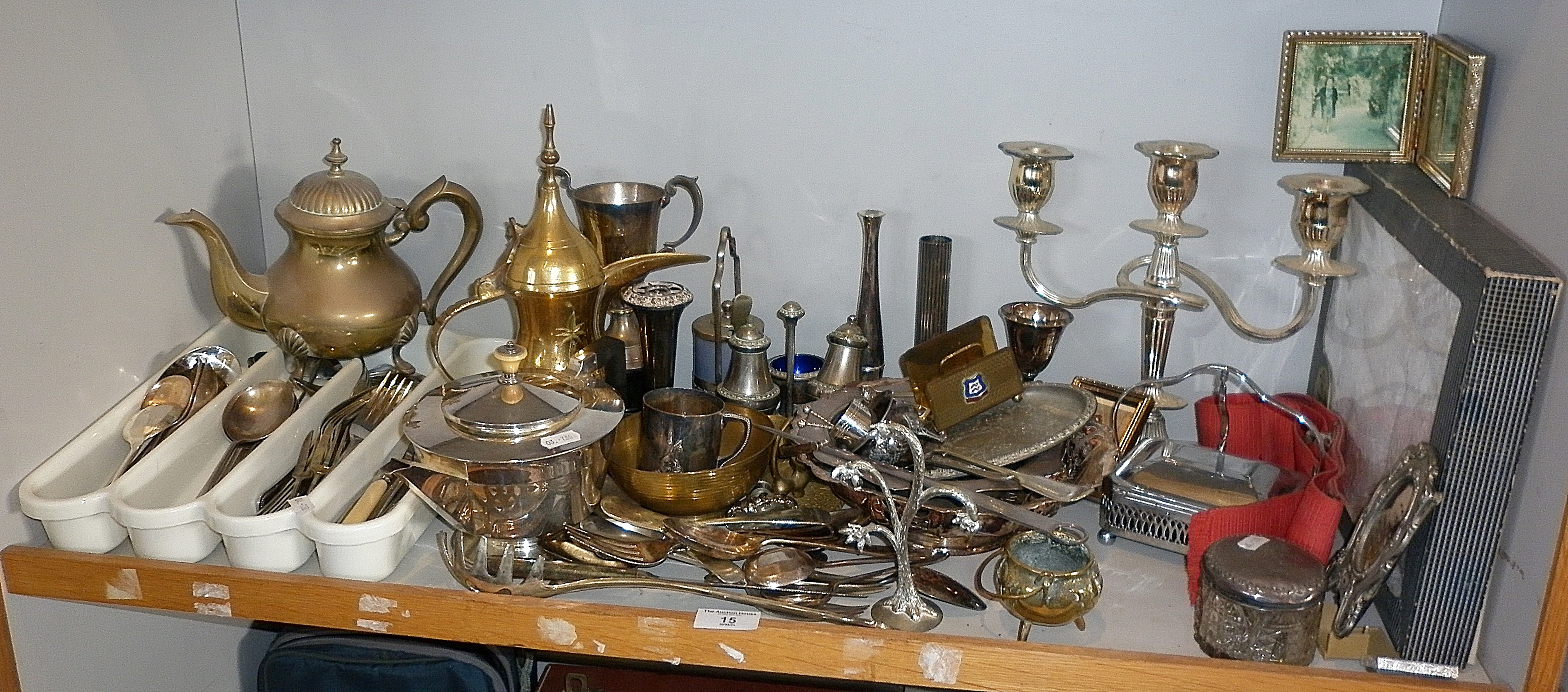 Shelf of silver plated ware and cutlery etc.