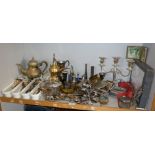 Shelf of silver plated ware and cutlery etc.