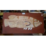 Australian aborigine painting on board of a fish signed David Anthony, 12" x 24"