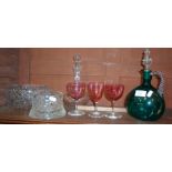 Green glass wine flagon, three cranberry wine glasses etc.