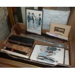 Assorted items, inc. framed Gentlemens Magazine fashion engravings, recorders, penny whistles, music