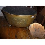 Dutch brass armorial wine cooler,coal bin or footed planter with copper shell marked BETTY