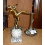 Art Deco bronze nude dancer on marble base and a pair of Oriental bronze vases with relief frogs