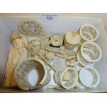 Antique Chinese Canton finely carved ivory and bone pieces, inc. sewing clamps, bobbins, pierced set