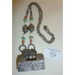 Antique Chinese silver longevity lock beaded necklace. Repousse figures on one side of lock, and