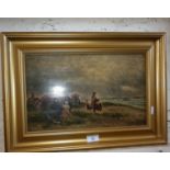 Oil on board of figures on cliff watching a shipwreck, signed