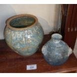 Ancient Roman style blue glass bottle, studio pottery blue glazed pot with incised decoration and