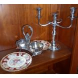1930's silver plate and china cake and scone stand with Royal Albert china plates and a silver plate