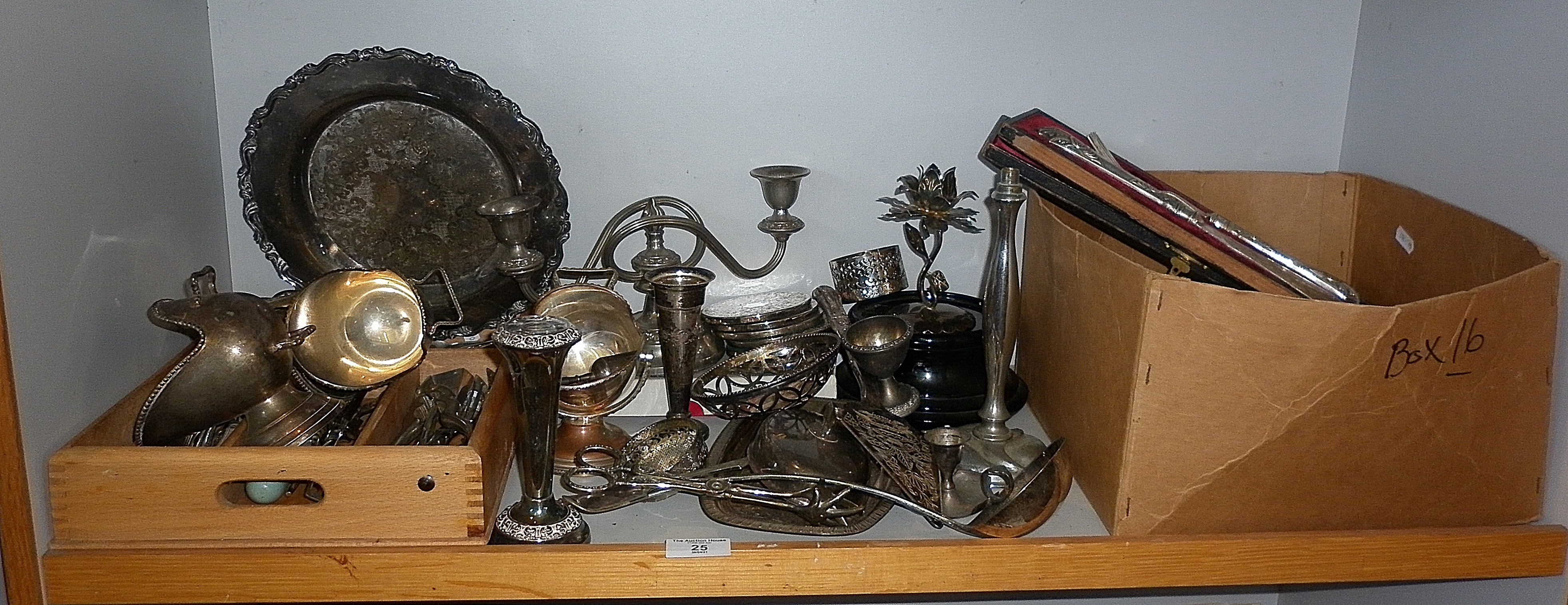 Large shelf of assorted silver plate cutlery, with some antique utensils