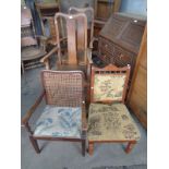 Pair of oak Queen Anne style open armchairs, upholstered nursing chair and a child's armchair with