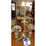 Eastern brass rise and fall spirit lamp, old brass vases, and a box made from a blue and white