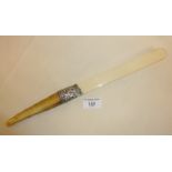A horn handled, silver collared (Birmingham 1890's) bone bladed letter opener or page turner