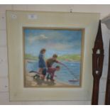 John RABBETTS oil on board of children at play with model boat